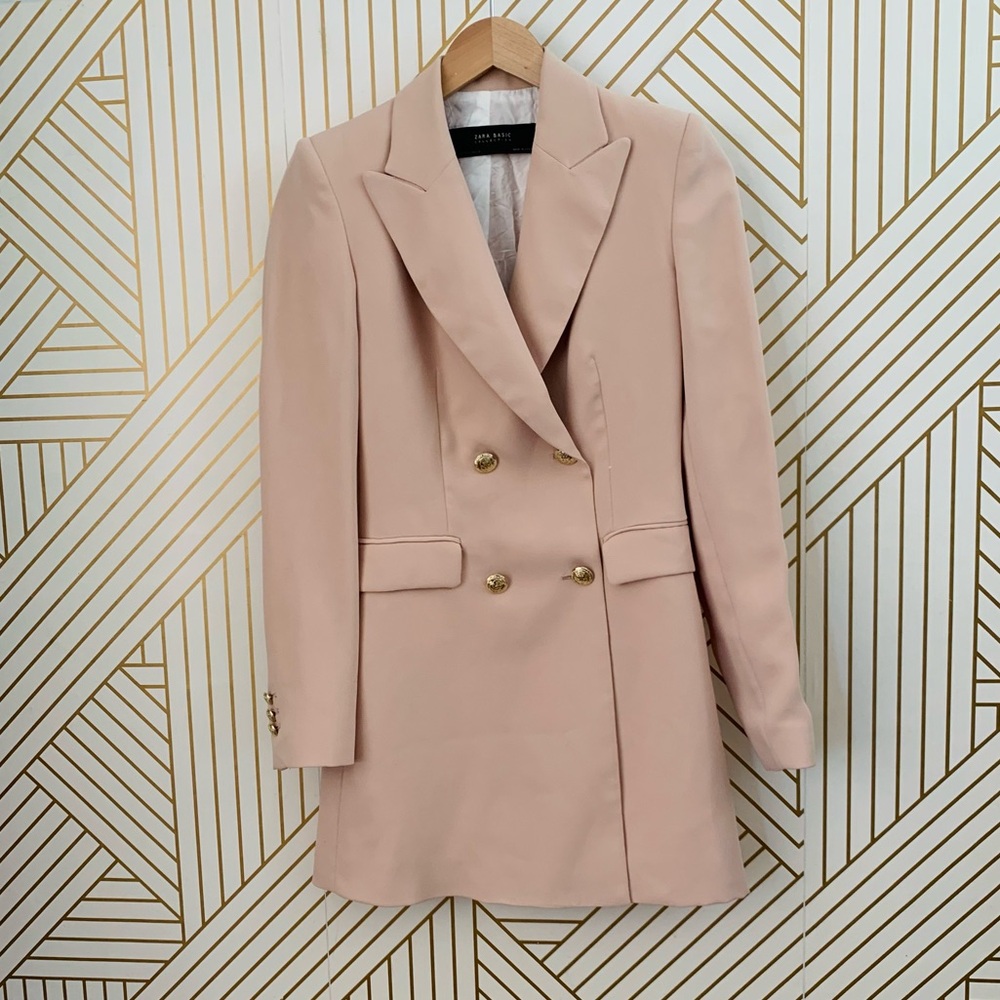 Zara Double Breasted blazer dress blush pale pink gold buttons old money XS
